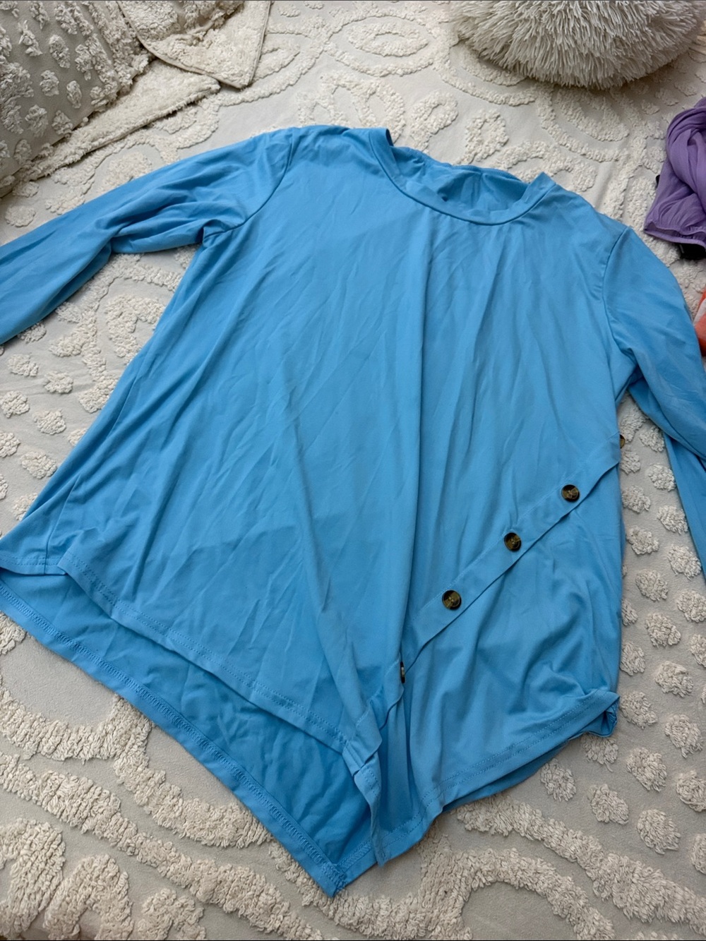 Light Blue Asymmetrical Button-Accent Long Sleeve Top